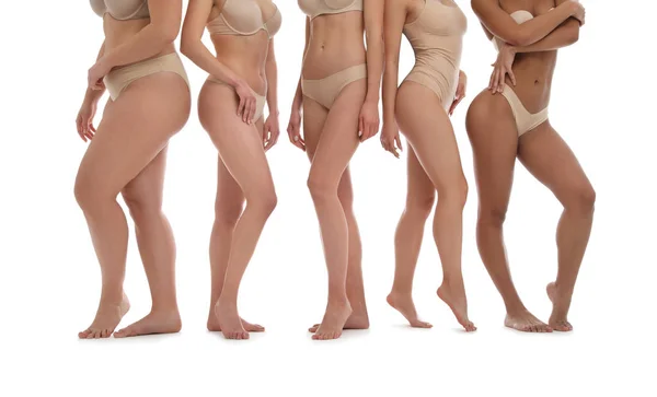 Gruppe Von Frauen Mit Unterschiedlichen Körpertypen Unterwäsche Auf Weißem Hintergrund — Stockfoto