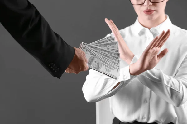 Woman Refuses Take Bribe Money Dark Background Closeup — Stock Photo, Image