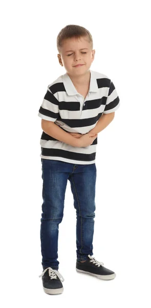 Μικρό Αγόρι Που Πάσχει Από Στομαχόπονο Λευκό Φόντο — Φωτογραφία Αρχείου