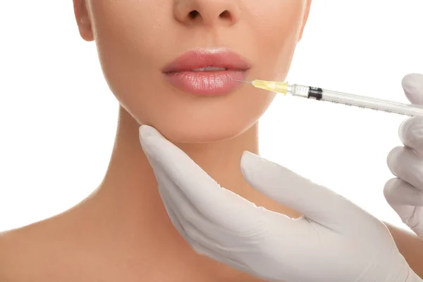 Woman Getting Lip Injection White Background Closeup — Stock Photo, Image