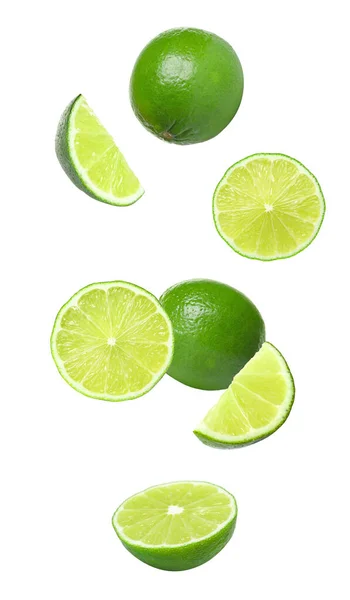 Collage Falling Limes White Background — Stock Photo, Image