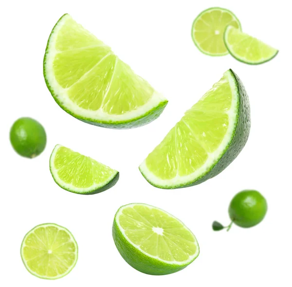 Collage Van Vliegende Limoenen Witte Achtergrond — Stockfoto