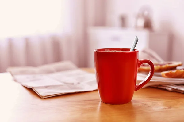 Ochtendkoffie Houten Tafel Binnen Ruimte Voor Tekst — Stockfoto