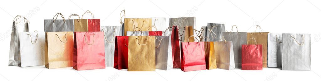 Set of paper shopping bags on white background. Banner design