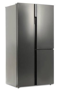 Modern paslanmaz çelik buzdolabı beyaza izole edilmiş.
