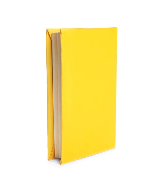 Βιβλίο με κενό κίτρινο κάλυμμα που απομονώνεται σε λευκό — Φωτογραφία Αρχείου