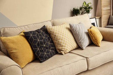 İçinde yastıklar olan modern rahat bir kanepe. İçerisi şık.