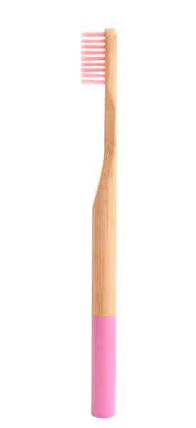 Bamboe tandenborstel met roze borstel geïsoleerd op wit — Stockfoto
