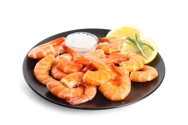 Delicious cooked shrimps served with lemon, salt and rosemary on — Stock Photo, Image