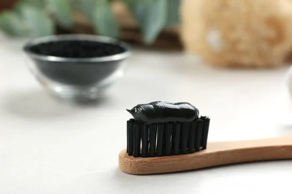 Bamboo Toothbrush Charcoal Paste White Table Closeup Space Text — Stock Photo, Image