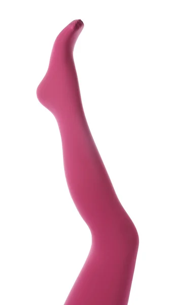 Manequim de perna em meia-calça rosa sobre fundo branco — Fotografia de Stock