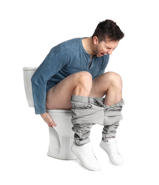 Homem Que Sofre Diarréia Vaso Sanitário Fundo Branco — Fotografia de Stock