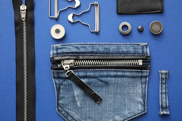 Platte Lay Compositie Met Kledingtoebehoren Snij Details Voor Jeans Blauwe — Stockfoto