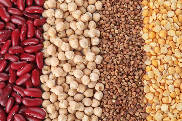 Diferentes Tipos Legumbres Cereales Como Fondo Vista Superior Granos Orgánicos — Foto de Stock