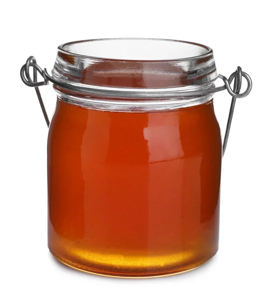 Jar of organic honey isolated on white Royalty Free Stock Photos