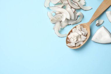 Açık mavi zemin üzerinde lezzetli hindistan cevizi parçacıkları olan düz kompozisyon. Metin için boşluk