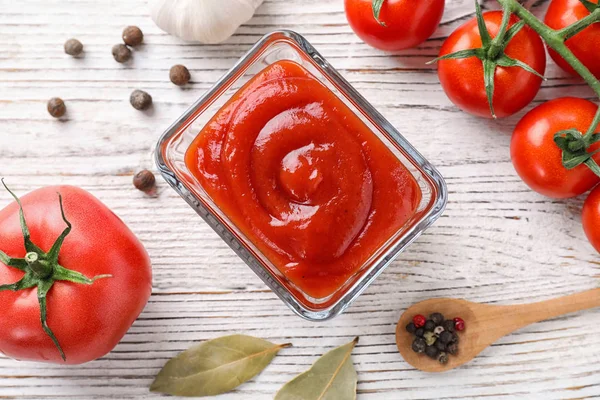 Flat Lay Composition Tomato Sauce White Wooden Table — Stock Photo, Image