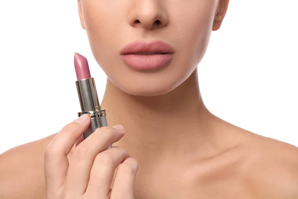 Woman Pink Lipstick White Background Closeup — ストック写真