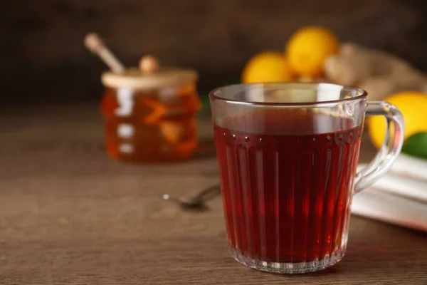 Delicious Tea Honey Wooden Table Space Text — Stock Photo, Image