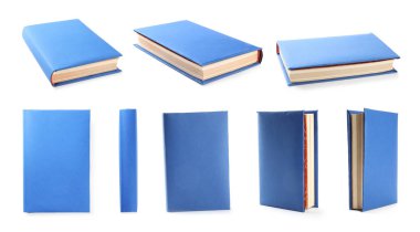 Beyaz arkaplanda mavi kapak kitapları kümesi