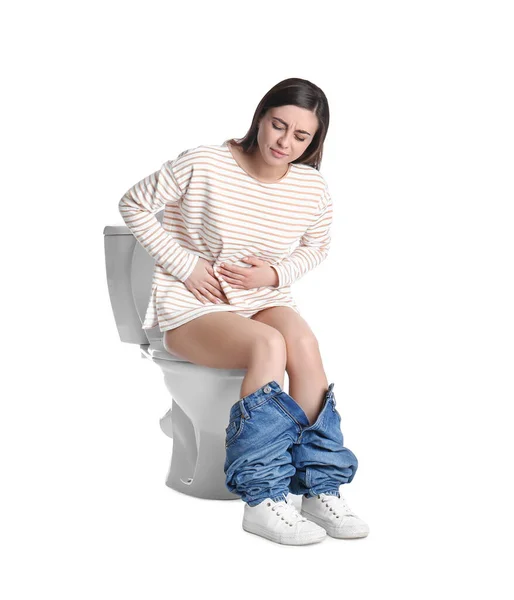 Femme Avec Mal Ventre Assis Sur Cuvette Des Toilettes Fond — Photo