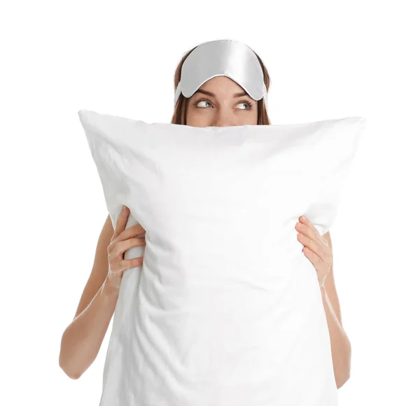 Beautiful Woman Pillow Sleep Mask White Background Bedtime — Stock Photo, Image