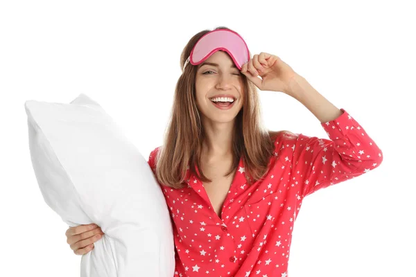 Mooie Vrouw Met Kussen Slaapmasker Witte Achtergrond Bedtijd — Stockfoto