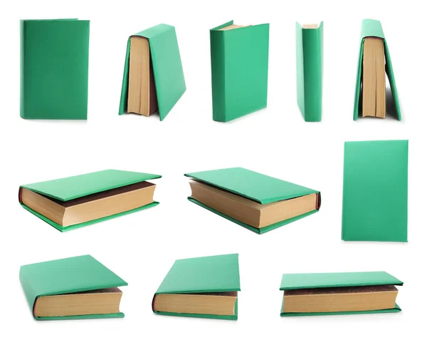 Uppsättning Gröna Pärm Böcker Vit Bakgrund — Stockfoto