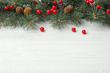 Köknar dalları ve beyaz ahşap arka planda böğürtlenli kompozisyon, yazı için boşluk. Kış tatili