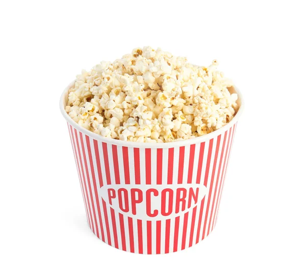 Bucket of tasty pop corn isolated on white — Stock Photo, Image