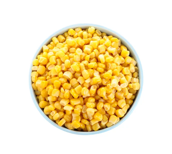 味道鲜美的罐装玉米，独立在白色的顶部视图中 — 图库照片