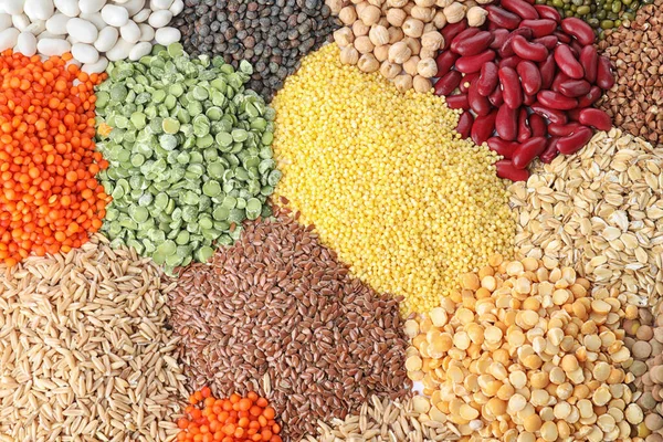 Different Types Legumes Cereals Background Top View Organic Grains — Stock Photo, Image