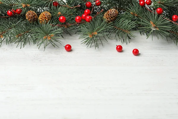 Composition Fir Branches Berries White Wooden Background Space Text Winter — ストック写真