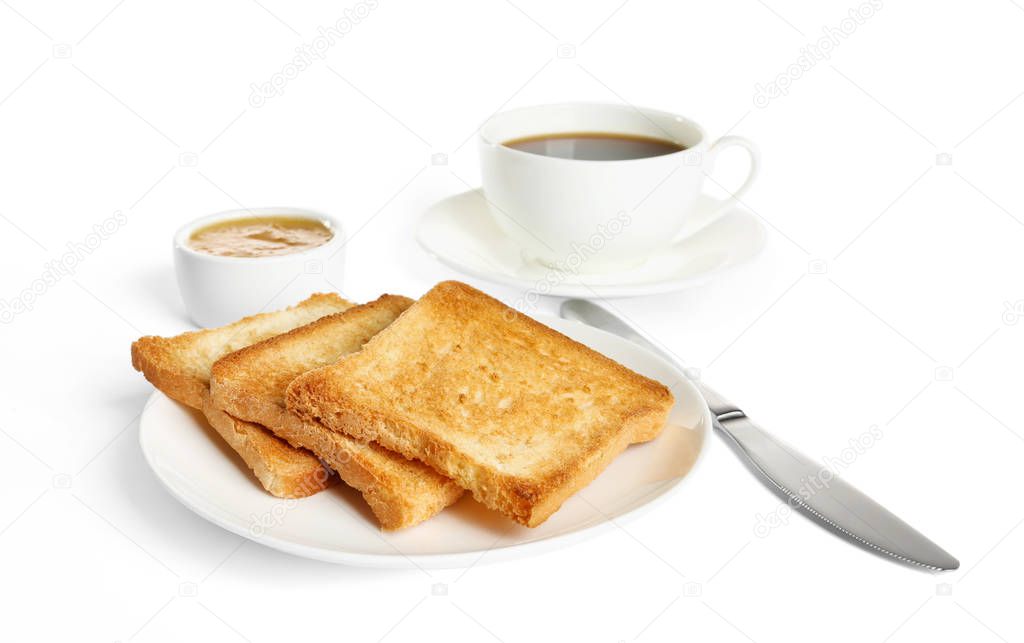 Tasty healthy breakfast with toasts on white background