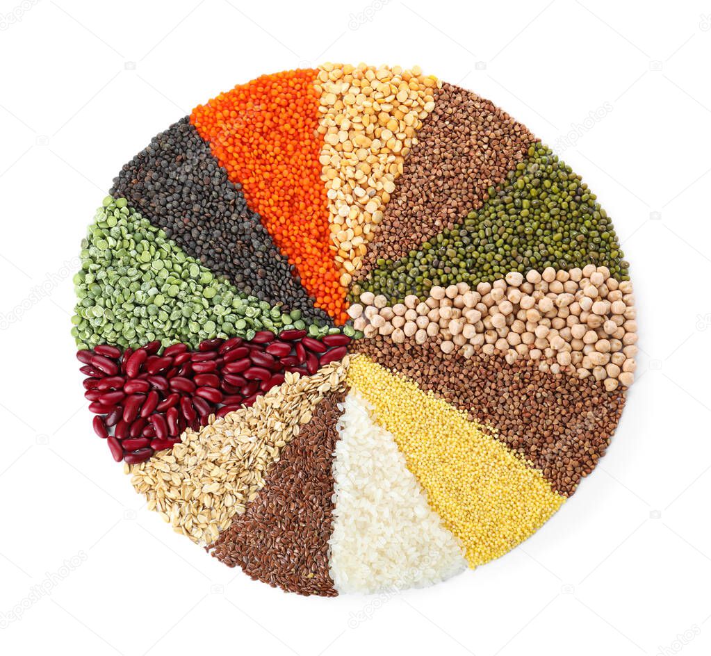 Different grains and cereals on white background, top view