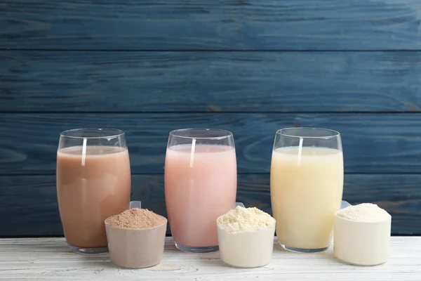 Protein Shakes Powder White Wooden Table — Stock Photo, Image