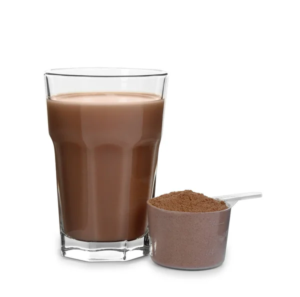 Batido de proteínas y polvo aislado en blanco —  Fotos de Stock