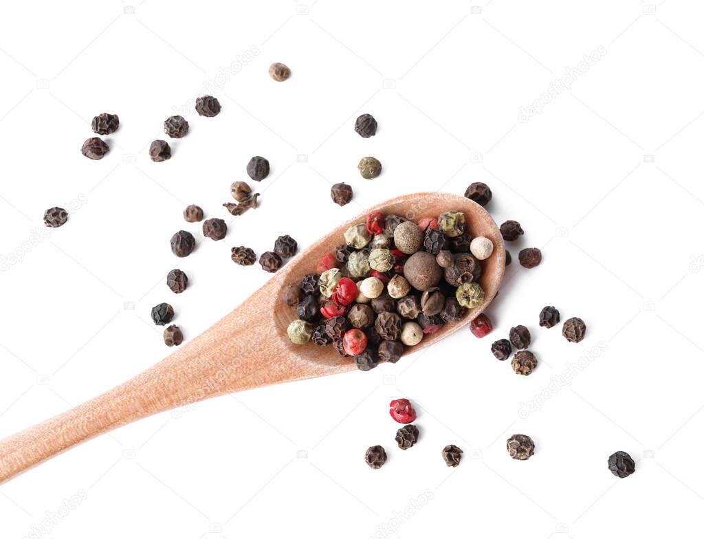 Mix of different pepper grains isolated on white, top view