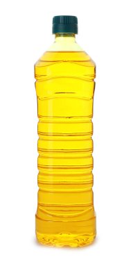Beyaza izole edilmiş plastik şişede pişirme yağı.