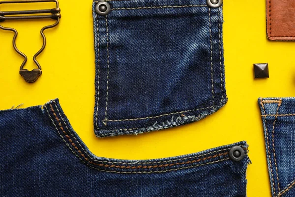 Composição Leigos Planos Com Acessórios Vestuário Detalhes Corte Para Jeans — Fotografia de Stock