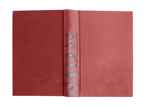 Abrir Livro Antigo Com Capa Vermelha Vintage Isolado Branco Vista — Fotografia de Stock