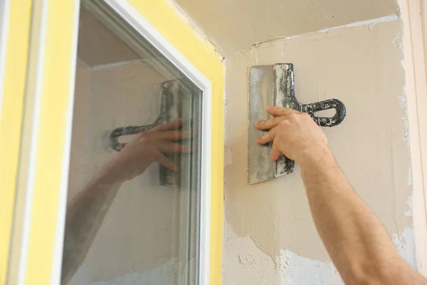 Man Plastering Window Area Putty Knife Indoors Closeup Interior Repair — Stock Photo, Image
