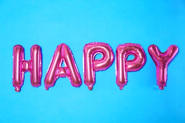 Word Happy Fatto Lettere Rosa Foglio Palloncino Sfondo Azzurro — Foto Stock