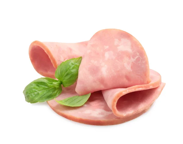 Tasty ham with basil isolated on white — 스톡 사진