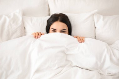 Evde uyanan genç bir kadın. Manzaralı. Tembel sabah