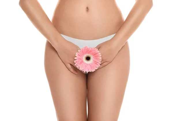 Woman Gerbera Showing Smooth Skin White Background Closeup Brazilian Bikini — Stock Photo, Image