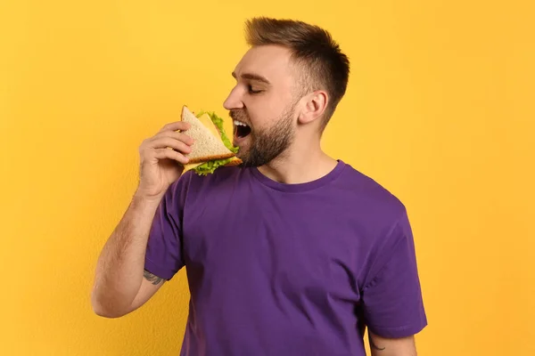 Young man eating tasty sandwich on yellow background — Stock Photo, Image