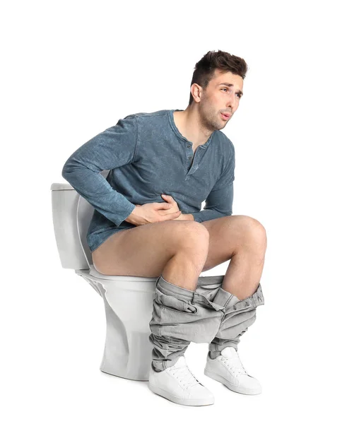 Tuvalette Karın Ağrısı Çeken Bir Adam Beyaz Arka Plan — Stok fotoğraf
