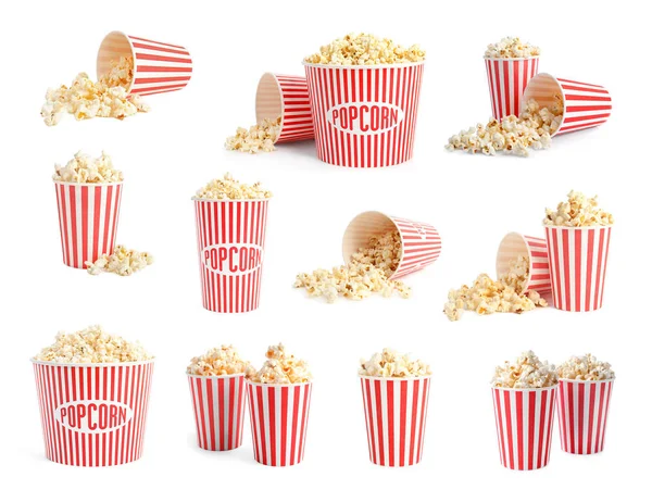 Eimer Mit Leckerem Popcorn Auf Weißem Hintergrund — Stockfoto