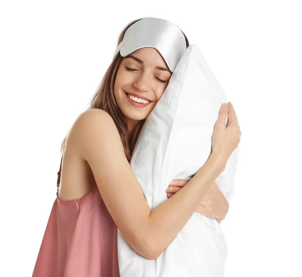 Bella Donna Con Cuscino Maschera Del Sonno Sfondo Bianco Ora — Foto Stock